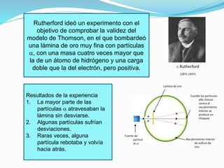 Rutherford ideó un experimento con el 
objetivo de comprobar la validez del 
modelo de Thomson, en el que bombardeó 
una lámina de oro muy fina con partículas 
, con una masa cuatro veces mayor que 
la de un átomo de hidrógeno y una carga 
doble que la del electrón, pero positiva. E. Rutherford 
(1871-1937) 
Resultados de la experiencia 
1. La mayor parte de las 
partículas  atravesaban la 
lámina sin desviarse. 
2. Algunas partículas sufrían 
desviaciones. 
3. Raras veces, alguna 
partícula rebotaba y volvía 
hacia atrás. 
Lámina de oro 
Fuente de 
partícul 
as  
Cuando las partículas 
alfa chocan 
contra el 
recubrimiento 
interior se 
produce un 
chispazo 
Recubrimiento interior 
de sulfuro de 
zinc. 
 