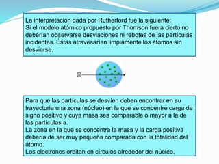La interpretación dada por Rutherford fue la siguiente: 
Si el modelo atómico propuesto por Thomson fuera cierto no 
deberían observarse desviaciones ni rebotes de las partículas 
incidentes. Éstas atravesarían limpiamente los átomos sin 
desviarse. 
+ 
Para que las partículas se desvíen deben encontrar en su 
trayectoria una zona (núcleo) en la que se concentre carga de 
signo positivo y cuya masa sea comparable o mayor a la de 
las partículas a. 
La zona en la que se concentra la masa y la carga positiva 
debería de ser muy pequeña comparada con la totalidad del 
átomo. 
Los electrones orbitan en círculos alrededor del núcleo. 
 