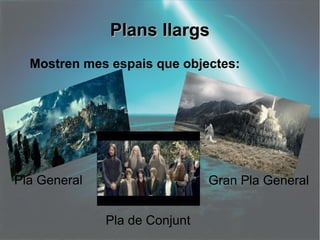 PPllaannss llllaarrggss 
Mostren mes espais que objectes: 
Pla General Gran Pla General 
Pla de Conjunt 
 