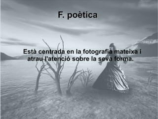 FF.. ppooèèttiiccaa 
Està centrada en la fotografia mateixa i 
atrau l'atenció sobre la seva forma. 
 