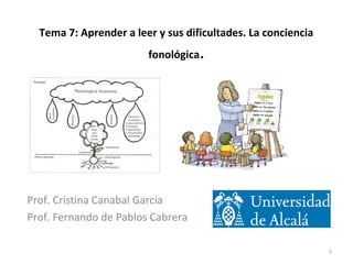 Tema 7: Aprender a leer y sus dificultades. La conciencia
fonológica.
Prof. Cristina Canabal García
Prof. Fernando de Pablos Cabrera
1
 