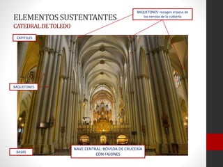 ELEMENTOSSUSTENTANTES
CATEDRALDETOLEDO
NAVE CENTRAL: BÓVEDA DE CRUCERÍA
CON FAJONES
BAQUETONES
CAPITELES
BASAS
BAQUETONES: recogen el peso de
los nervios de la cubierta
 