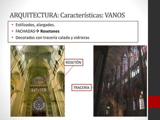 ARQUITECTURA:Características:VANOS
• Estilizados, alargados.
• FACHADAS Rosetones
• Decorados con tracería calada y vidrieras
ROSETÓN
TRACERÍA
 