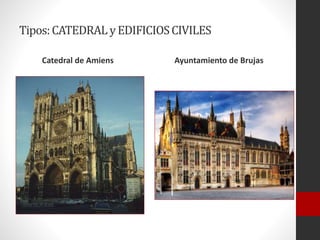 Tipos:CATEDRAL yEDIFICIOSCIVILES
Catedral de Amiens Ayuntamiento de Brujas
 