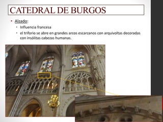 CATEDRAL DE BURGOS
• Alzado:
• Influencia francesa
• el triforio se abre en grandes arcos escarzanos con arquivoltas decoradas
con insólitas cabezas humanas.
 
