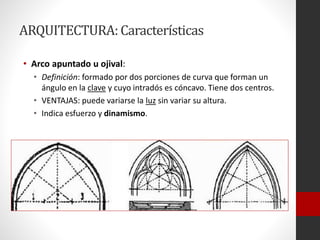 ARQUITECTURA:Características
• Arco apuntado u ojival:
• Definición: formado por dos porciones de curva que forman un
ángulo en la clave y cuyo intradós es cóncavo. Tiene dos centros.
• VENTAJAS: puede variarse la luz sin variar su altura.
• Indica esfuerzo y dinamismo.
 