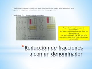 *
Las fracciones se comparan, se suman y se restan con facilidad cuando tiene el mismo denominador. Si no
lo tienen, las sustituiremos por otras equivalentes con denominador común
Las fracciones 1/4 y 2/3 tiene diferente denominador
Para reducir fracciones a común
denominador:
•Se busca un múltiplo común a todos los
denominadores
•Se sustituyen cada fracción por otra
equivalente, que tenga dicho múltiplo por
denominador
 