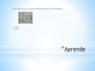 *
Para comparar fracciones, podemos reducirlas previamente a común denominador
Por tanto:
2/3>3/5
 