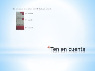*
Los tres octavos de un número valen 15. ¿Cuál es el número?
3/8 valen 15
1/8 valen 5
8/8 valen 40
 
