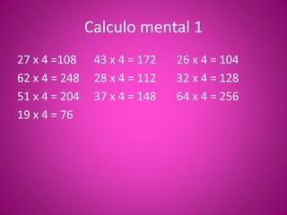 Calculo mental 1
27 x 4 =108 43 x 4 = 172 26 x 4 = 104
62 x 4 = 248 28 x 4 = 112 32 x 4 = 128
51 x 4 = 204 37 x 4 = 148 64 x 4 = 256
19 x 4 = 76
 