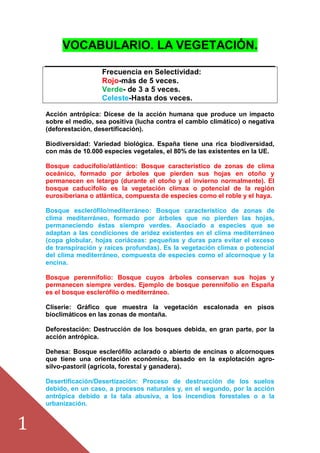 1
VOCABULARIO. LA VEGETACIÓN.
Frecuencia en Selectividad:
Rojo-más de 5 veces.
Verde- de 3 a 5 veces.
Celeste-Hasta dos veces.
Acción antrópica: Dícese de la acción humana que produce un impacto
sobre el medio, sea positiva (lucha contra el cambio climático) o negativa
(deforestación, desertificación).
Biodiversidad: Variedad biológica. España tiene una rica biodiversidad,
con más de 10.000 especies vegetales, el 80% de las existentes en la UE.
Bosque caducifolio/atlántico: Bosque característico de zonas de clima
oceánico, formado por árboles que pierden sus hojas en otoño y
permanecen en letargo (durante el otoño y el invierno normalmente). El
bosque caducifolio es la vegetación clímax o potencial de la región
eurosiberiana o atlántica, compuesta de especies como el roble y el haya.
Bosque esclerófilo/mediterráneo: Bosque característico de zonas de
clima mediterráneo, formado por árboles que no pierden las hojas,
permaneciendo éstas siempre verdes. Asociado a especies que se
adaptan a las condiciones de aridez existentes en el clima mediterráneo
(copa globular, hojas coriáceas: pequeñas y duras para evitar el exceso
de transpiración y raíces profundas). Es la vegetación clímax o potencial
del clima mediterráneo, compuesta de especies como el alcornoque y la
encina.
Bosque perennifolio: Bosque cuyos árboles conservan sus hojas y
permanecen siempre verdes. Ejemplo de bosque perennifolio en España
es el bosque esclerófilo o mediterráneo.
Cliserie: Gráfico que muestra la vegetación escalonada en pisos
bioclimáticos en las zonas de montaña.
Deforestación: Destrucción de los bosques debida, en gran parte, por la
acción antrópica.
Dehesa: Bosque esclerófilo aclarado o abierto de encinas o alcornoques
que tiene una orientación económica, basado en la explotación agro-
silvo-pastoril (agrícola, forestal y ganadera).
Desertificación/Desertización: Proceso de destrucción de los suelos
debido, en un caso, a procesos naturales y, en el segundo, por la acción
antrópica debido a la tala abusiva, a los incendios forestales o a la
urbanización.
 