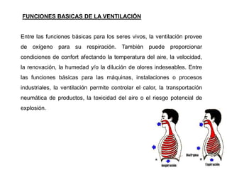 Entre las funciones básicas para los seres vivos, la ventilación provee
de oxígeno para su respiración. También puede proporcionar
condiciones de confort afectando la temperatura del aire, la velocidad,
la renovación, la humedad y/o la dilución de olores indeseables. Entre
las funciones básicas para las máquinas, instalaciones o procesos
industriales, la ventilación permite controlar el calor, la transportación
neumática de productos, la toxicidad del aire o el riesgo potencial de
explosión.
FUNCIONES BASICAS DE LA VENTILACIÓN
 