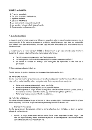 Unidad 7. La industria.
1. El sector secundario.
2. Factores de producción industrial.
3. Tipos de industria.
4. Espacios ...
