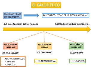 EL PALEOLÍTICO
PALEO: ANTIGUO
LITHOS: PIEDRA
PALEOLÍTICO: “EDAD DE LA PIEDRA ANTIGUA”
2,5 m.a: Aparición del ser humano 9.000 a.C: agricultura y ganadería
PALEOLÍTICO
INFERIOR
PALEOLÍTICO
MEDIO
PALEOLÍTICO
SUPERIOR
2,5 m.a-100.000 100.000-50.000 50.000-9.000
- AUSTRALOPITHECUS
- H. HABILIS
- H.ERECTUS
- H. NEANDERTHAL - H. SAPIENS
 