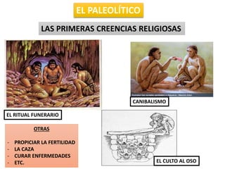 EL PALEOLÍTICO
LAS PRIMERAS CREENCIAS RELIGIOSAS
EL RITUAL FUNERARIO
CANIBALISMO
EL CULTO AL OSO
OTRAS
- PROPICIAR LA FERTILIDAD
- LA CAZA
- CURAR ENFERMEDADES
- ETC.
 
