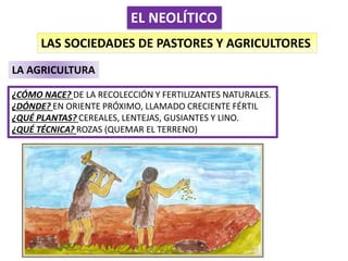 EL NEOLÍTICO
LAS SOCIEDADES DE PASTORES Y AGRICULTORES
LA AGRICULTURA
¿CÓMO NACE? DE LA RECOLECCIÓN Y FERTILIZANTES NATURALES.
¿DÓNDE? EN ORIENTE PRÓXIMO, LLAMADO CRECIENTE FÉRTIL
¿QUÉ PLANTAS? CEREALES, LENTEJAS, GUSIANTES Y LINO.
¿QUÉ TÉCNICA? ROZAS (QUEMAR EL TERRENO)
 