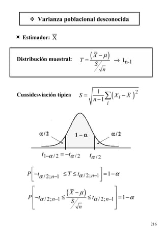 216
1 −−−− αααααααα /2 αααα /2
/ 2tα1 / 2 / 2tt α α− = −
Varianza poblacional desconocida
Estimador: X
Distribución muestral:
( )
n-1t
n
X
T
S
µ−
= →
Cuasidesviación típica ( )21
1 i
i
S X X
n
= −
− ∑
/ 2; 1/ 2; 1 1nnP t T tαα α−−
 
− ≤ ≤ = −  
( )
/ 2; 1 / 2; 1 1n n
n
X
P t t
Sα α
µ
α− −
 − − ≤ ≤ = −
 
 
 