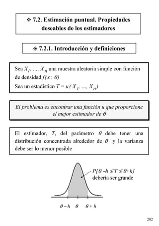 202
P[θ −h ≤ T ≤ θ+h]
debería ser grande
θ − h θ θ + h
El problema es encontrar una función u que proporcione
el mejor estimador de θ
El estimador, T, del parámetro θ debe tener una
distribución concentrada alrededor de θ y la varianza
debe ser lo menor posible
7.2. Estimación puntual. Propiedades
deseables de los estimadores
7.2.1. Introducción y definiciones
Sea X1, …, Xn una muestra aleatoria simple con función
de densidad f(x; θ)
Sea un estadístico T = u( X1, …, Xn)
 