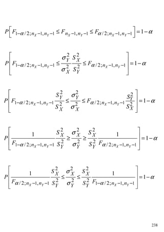 238
1 1 1 1 1 1 1/ 2; , , / 2; , 1X Y X Y X Yn n n n n nP F F Fα α α− − − − − − −
 ≤ ≤ = −
 
1 1 1 1 1
2 2
/ 2; , / 2; ,2 2
1X Y X Y
Y X
n n n n
X Y
S
P F F
S
α α
σ
α
σ
− − − − −
 
 ≤ ≤ = −
 
 
1 1 1 1 1
2 2 2
/ 2; , / 2; ,2 2 2
1− − − − −
 
 ≤ ≤ = −
 
 
X Y X Y
Y Y Y
n n n n
XX X
S S
P F F
SS
α α
σ
α
σ
1 1 1 1 1
2 2 2
2 2 2
/ 2; , / 2; ,
1 1
1
X Y X Y
X X X
n n n nY Y Y
S S
P
F FS Sα α
σ
α
σ− − − − −
 
 ≥ ≥ = −
 
 
1 1 1 1 1
2 2 2
2 2 2
/ 2; , / 2; ,
1 1
1
X Y X Y
X X X
n n n nY Y Y
S S
P
F FS Sα α
σ
α
σ− − − − −
 
 ≤ ≤ = −
 
  
 