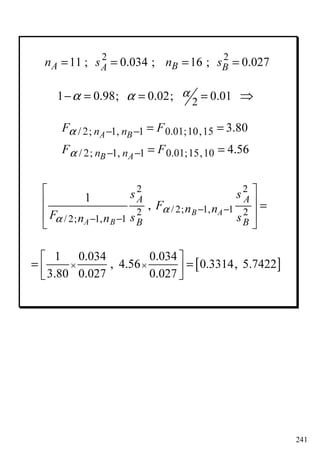 241
2 2
11 ; 0.034 ; 16 ; 0.027A B BAn s n s= = = =
/ 2; 1, 1 0.01;10,15
/ 2; 1, 1 0.01;15,10
3.80
4.56
A B
B A
n n
n n
F F
F F
α
α
− −
− −
= =
= =
2 2
/ 2; 1, 12 2
/ 2; 1, 1
1
, B A
A B
A A
B B
n n
n n
s s
F
F s s
α
α
− −
− −
 
  =
 
 
21 0.98; 0.02; 0.01αα α− = = = ⇒
[ ]
1 0.034 0.034
, 4.56 0.3314, 5.7422
3.80 0.027 0.027
× ×
 
= =  
 