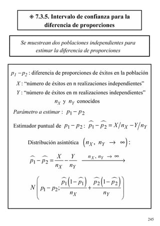 245
X : “número de éxitos en n realizaciones independientes”
Y : “número de éxitos en m realizaciones independientes”
7.3.5. Intervalo de confianza para la
diferencia de proporciones
Se muestrean dos poblaciones independientes para
estimar la diferencia de proporciones
p1 − p2 : diferencia de proporciones de éxitos en la población
nX y nY conocidos
Parámetro a estimar : 1 2p p−
Estimador puntual de :1 2p p− 1 2 X Yp p X n Y n− = −
Distribución asintótica ( ), :X Yn n → ∞
,
1 2
X Yn n
X Y
X Y
p p
n n
→ ∞
− = − →
( ) ( )1 1 2 2
1 2
1 1
;
X Y
p p p p
p p
n n
N
 − −
 − +
 
 
 