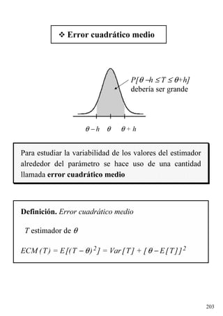 203
Error cuadrático medio
Para estudiar la variabilidad de los valores del estimador
alrededor del parámetro se hace uso de una cantidad
llamada error cuadrático medio
Definición. Error cuadrático medio
T estimador de θ
ECM (T) = E[(T − θ)2] = Var[T] + [θ − E[T]]2
P[θ −h ≤ T ≤ θ+h]
debería ser grande
θ − h θ θ + h
 