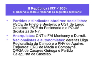 II República (1931-1936)
8. Observa o cadro e responde as seguintes cuestións:
• Dereita: CEDA liderada por Gil Robles. Ne...