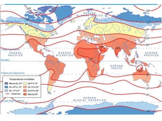  En los mapas se representa mediante líneas llamadas
isotermas, que unen puntos con igual temperatura
media anual.
¿CÓMO SE REPRESENTA LA
TEMPERATURA?
 