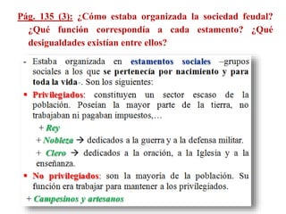 Pág. 135 (3): ¿Cómo estaba organizada la sociedad feudal?
¿Qué función correspondía a cada estamento? ¿Qué
desigualdades existían entre ellos?
 
