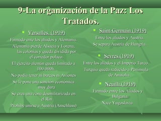 9-La organización de la Paz: Los9-La organización de la Paz: Los
Tratados.Tratados.
 Versalles. (1919)Versalles. (1919)
Firmado ente los aliados y Alemania.Firmado ente los aliados y Alemania.
Alemania pierde Alsacia y Lorena,Alemania pierde Alsacia y Lorena,
las colonias y queda dividida porlas colonias y queda dividida por
el corredor polaco.el corredor polaco.
El ejercito alemán queda limitado aEl ejercito alemán queda limitado a
100.000h.100.000h.
No podía tener ni barcos ni AvionesNo podía tener ni barcos ni Aviones
Se le pone una sanción económicaSe le pone una sanción económica
muy duramuy dura
Se crea una zona desmilitarizada enSe crea una zona desmilitarizada en
el Rinel Rin
Prohíbe unirse a Austria (Anschluss)Prohíbe unirse a Austria (Anschluss)
 Sevres.(1919)Sevres.(1919)
Entre los aliados y el Imperio Turco.Entre los aliados y el Imperio Turco.
Turquía queda reducido a PenínsulaTurquía queda reducido a Península
de Anatoliade Anatolia
 Saint-Germain (1919)Saint-Germain (1919)
Entre los aliados y Austria.Entre los aliados y Austria.
Se separa Austria de Hungría.Se separa Austria de Hungría.
 Neuilli.(1919)Neuilli.(1919)
Firmado entre los Aliados yFirmado entre los Aliados y
Bulgaria.Bulgaria.
Nace YugoslaviaNace Yugoslavia
 