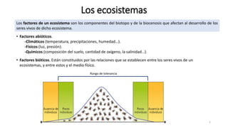Los ecosistemas
5
Los factores de un ecosistema son los componentes del biotopo y de la biocenosis que afectan al desarrollo de los
seres vivos de dicho ecosistema.
• Factores abióticos.
-Climáticos (temperatura, precipitaciones, humedad…).
-Físicos (luz, presión).
-Químicos (composición del suelo, cantidad de oxígeno, la salinidad…).
• Factores bióticos. Están constituidos por las relaciones que se establecen entre los seres vivos de un
ecosistemas, y entre estos y el medio físico.
Rango de tolerancia
 