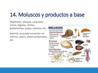 14. Moluscos y productos a base
Mejillones, almejas, caracoles,
ostras, bígaros, chirlas,
berberechos, pulpo, calamar, etc.
Además se puede encontrar en
cremas, salsas, platos preparados,
etc
 