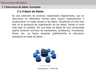 Computacion - FA.CE.NA.
Estructuras de datos
7.1.4 Base de Datos
Es una colección de archivos relacionados lógicamente, que se
estructura en diferentes formas para reducir duplicaciones y
proporcionar un mejor acceso a los datos. Constituye el nivel mas
alto en la jerarquía de organización de los datos, siendo el nivel
mas bajo el carácter. Así una base de datos de una universidad
podría contener archivos de estudiantes, profesores, inventarios,
libros, etc. La figura presenta gráficamente la estructura
jerárquica en base de datos. .
7.1 Estructura de datos. Concepto
 