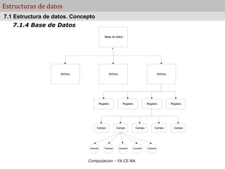 Computacion - FA.CE.NA.
Estructuras de datos
7.1.4 Base de Datos
.
7.1 Estructura de datos. Concepto
Base de datos
Archivo Archivo Archivo
Registro Registro Registro Registro
Campo Campo Campo Campo
Campo
Caracter Caracter Caracter Caracter
Caracter
 