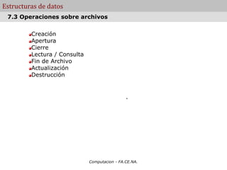 Computacion - FA.CE.NA.
Estructuras de datos
Creación
Apertura
Cierre
Lectura / Consulta
Fin de Archivo
Actualización
Destrucción
.
7.3 Operaciones sobre archivos
 