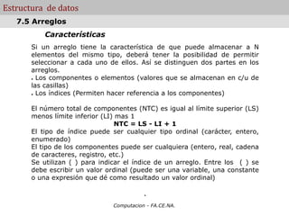 Computacion - FA.CE.NA.
Estructura de datos
Características
Si un arreglo tiene la característica de que puede almacenar a N
elementos del mismo tipo, deberá tener la posibilidad de permitir
seleccionar a cada uno de ellos. Así se distinguen dos partes en los
arreglos.
● Los componentes o elementos (valores que se almacenan en c/u de
las casillas)
● Los índices (Permiten hacer referencia a los componentes)
El número total de componentes (NTC) es igual al límite superior (LS)
menos límite inferior (LI) mas 1
NTC = LS - LI + 1
El tipo de índice puede ser cualquier tipo ordinal (carácter, entero,
enumerado)
El tipo de los componentes puede ser cualquiera (entero, real, cadena
de caracteres, registro, etc.)
Se utilizan ( ) para indicar el índice de un arreglo. Entre los ( ) se
debe escribir un valor ordinal (puede ser una variable, una constante
o una expresión que dé como resultado un valor ordinal)
.
7.5 Arreglos
 