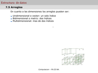 Computacion - FA.CE.NA.
Estructura de datos
En cuanto a las dimensiones los arreglos pueden ser:
Unidimensional o vector: un solo índice
Bidimensional o matriz: dos índices
Multidimensional: mas de dos índices
.
7.5 Arreglos
 