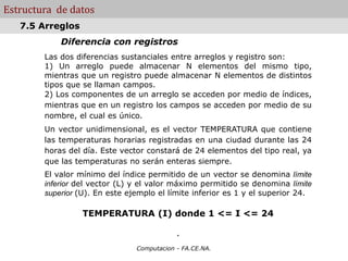 Computacion - FA.CE.NA.
Estructura de datos
Diferencia con registros
Las dos diferencias sustanciales entre arreglos y registro son:
1) Un arreglo puede almacenar N elementos del mismo tipo,
mientras que un registro puede almacenar N elementos de distintos
tipos que se llaman campos.
2) Los componentes de un arreglo se acceden por medio de índices,
mientras que en un registro los campos se acceden por medio de su
nombre, el cual es único.
Un vector unidimensional, es el vector TEMPERATURA que contiene
las temperaturas horarias registradas en una ciudad durante las 24
horas del día. Este vector constará de 24 elementos del tipo real, ya
que las temperaturas no serán enteras siempre.
El valor mínimo del índice permitido de un vector se denomina límite
inferior del vector (L) y el valor máximo permitido se denomina límite
superior (U). En este ejemplo el límite inferior es 1 y el superior 24.
TEMPERATURA (I) donde 1 <= I <= 24
.
7.5 Arreglos
 