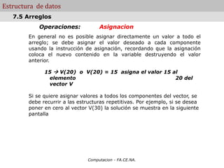 Computacion - FA.CE.NA.
Estructura de datos
Operaciones: Asignacion
En general no es posible asignar directamente un valor a todo el
arreglo; se debe asignar el valor deseado a cada componente
usando la instrucción de asignación, recordando que la asignación
coloca el nuevo contenido en la variable destruyendo el valor
anterior.
15  V(20) o V(20) = 15 asigna el valor 15 al
elemento 20 del
vector V
Si se quiere asignar valores a todos los componentes del vector, se
debe recurrir a las estructuras repetitivas. Por ejemplo, si se desea
poner en cero al vector V(30) la solución se muestra en la siguiente
pantalla
7.5 Arreglos
 
