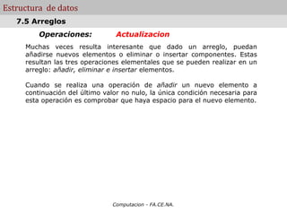 Computacion - FA.CE.NA.
Estructura de datos
Operaciones: Actualizacion
Muchas veces resulta interesante que dado un arreglo, puedan
añadirse nuevos elementos o eliminar o insertar componentes. Estas
resultan las tres operaciones elementales que se pueden realizar en un
arreglo: añadir, eliminar e insertar elementos.
Cuando se realiza una operación de añadir un nuevo elemento a
continuación del último valor no nulo, la única condición necesaria para
esta operación es comprobar que haya espacio para el nuevo elemento.
7.5 Arreglos
 