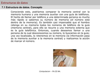 Computacion - FA.CE.NA.
Estructuras de datos
Conociendo esto, podríamos comparar la memoria central con la
memoria humana y una memoria auxiliar con una guía de teléfonos.
El hecho de llamar por teléfono a una determinada persona es mucho
más rápido si sabemos su número de memoria (el número está
dentro de la memoria). Es también casi impensable que el hombre
retenga en su memoria todos los números de teléfono de la guía
(memoria central), para ello se recurre a una memoria externa que
es la guía telefónica. Entonces, cuando deseamos llamar a una
persona de la cual desconocemos su número, lo buscamos en la guía;
una vez localizado, lo retenemos en la memoria (la información pasa
de la memoria auxiliar a la memoria central) y realizamos la acción
de marcar el número.
7.1 Estructura de datos. Concepto
 