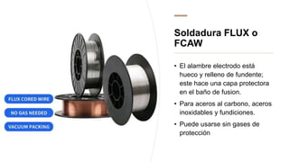 Soldadura FLUX o
FCAW
• El alambre electrodo está
hueco y relleno de fundente;
este hace una capa protectora
en el baño de fusion.
• Para aceros al carbono, aceros
inoxidables y fundiciones.
• Puede usarse sin gases de
protección
 