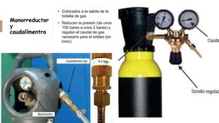 Manorreductor
y
caudalímentro
• Colocados a la salida de la
botella de gas
• Reducen la presión (de unos
150 bares a unos 2 bares) y
regulan el caudal de gas
necesario para el soldeo (en
l/min)
 
