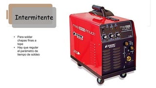 Intermitente
• Para soldar
chapas finas a
tope
• Hay que regular
el parámetro de
tiempo de soldeo
 