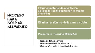 PROCESO
PARA
SOLDAR
ALUMINIO
Elegir el material de aportación
adecuado (no todos tienen la misma
aleación)
Eliminar la alúmina de la zona a soldar
Preparar la máquina MIG/MAG:
• Sirga de teflón o nylon
• Rodillo con bisel en forma de U
• Gas: argón, helio o mezcla de los dos
 