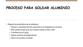 PROCESO PARA SOLDAR ALUMINIO
• Regular los parámetros de la soldadura:
• Tensión y velocidad del hilo superiores a la empleada con el acero
• Más caudal de gas que con el acero (hasta un 50% más)
• Transferencia en spray
• Aplicar producto antisalpicaduras
• Hacer una prueba o probeta
 