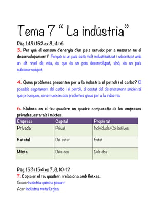 Tema 7 “ La indústria”
Pàg. 149 i 152 ex 3, 4 i 6
3. Per què el consum d’energia d’un país serveix per a mesurar-ne el
des...