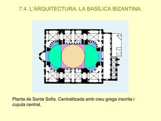 7.4. L’ARQUITECTURA: LA BASÍLICA BIZANTINA.

Planta de Santa Sofia. Centralitzada amb creu grega inscrita i
cúpula central.

 