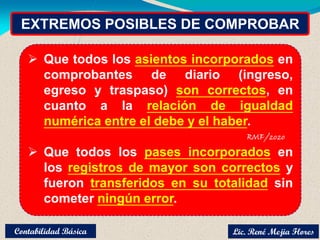 EXTREMOS POSIBLES DE COMPROBAR
 Que todos los asientos incorporados en
comprobantes de diario (ingreso,
egreso y traspaso) son correctos, en
cuanto a la relación de igualdad
numérica entre el debe y el haber.
 Que todos los pases incorporados en
los registros de mayor son correctos y
fueron transferidos en su totalidad sin
cometer ningún error.
Lic. René Mejia Flores
Contabilidad Básica
 
