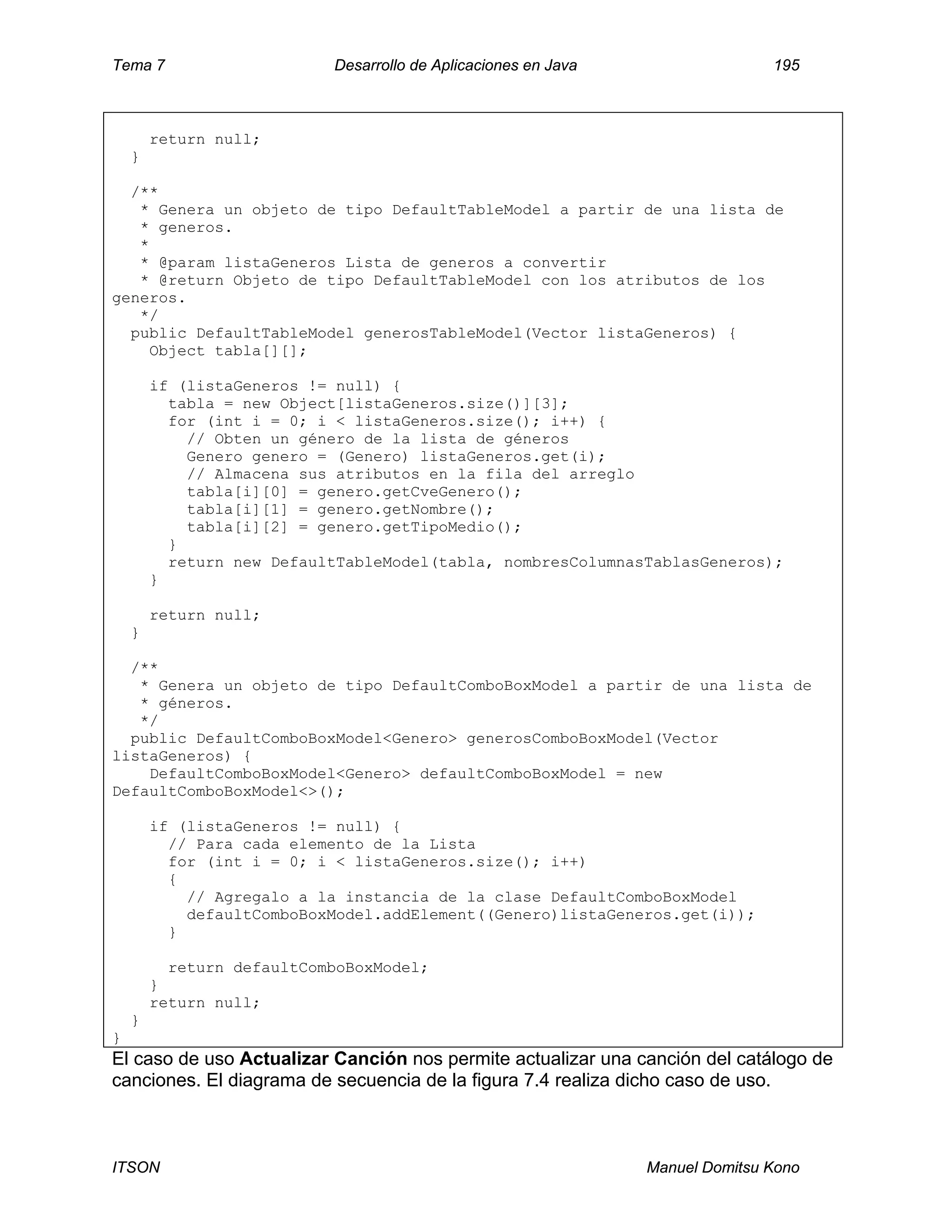 Tema 7 Desarrollo de Aplicaciones en Java 195
ITSON Manuel Domitsu Kono
return null;
}
/**
* Genera un objeto de tipo DefaultTableModel a partir de una lista de
* generos.
*
* @param listaGeneros Lista de generos a convertir
* @return Objeto de tipo DefaultTableModel con los atributos de los
generos.
*/
public DefaultTableModel generosTableModel(Vector listaGeneros) {
Object tabla[][];
if (listaGeneros != null) {
tabla = new Object[listaGeneros.size()][3];
for (int i = 0; i < listaGeneros.size(); i++) {
// Obten un género de la lista de géneros
Genero genero = (Genero) listaGeneros.get(i);
// Almacena sus atributos en la fila del arreglo
tabla[i][0] = genero.getCveGenero();
tabla[i][1] = genero.getNombre();
tabla[i][2] = genero.getTipoMedio();
}
return new DefaultTableModel(tabla, nombresColumnasTablasGeneros);
}
return null;
}
/**
* Genera un objeto de tipo DefaultComboBoxModel a partir de una lista de
* géneros.
*/
public DefaultComboBoxModel<Genero> generosComboBoxModel(Vector
listaGeneros) {
DefaultComboBoxModel<Genero> defaultComboBoxModel = new
DefaultComboBoxModel<>();
if (listaGeneros != null) {
// Para cada elemento de la Lista
for (int i = 0; i < listaGeneros.size(); i++)
{
// Agregalo a la instancia de la clase DefaultComboBoxModel
defaultComboBoxModel.addElement((Genero)listaGeneros.get(i));
}
return defaultComboBoxModel;
}
return null;
}
}
El caso de uso Actualizar Canción nos permite actualizar una canción del catálogo de
canciones. El diagrama de secuencia de la figura 7.4 realiza dicho caso de uso.
 